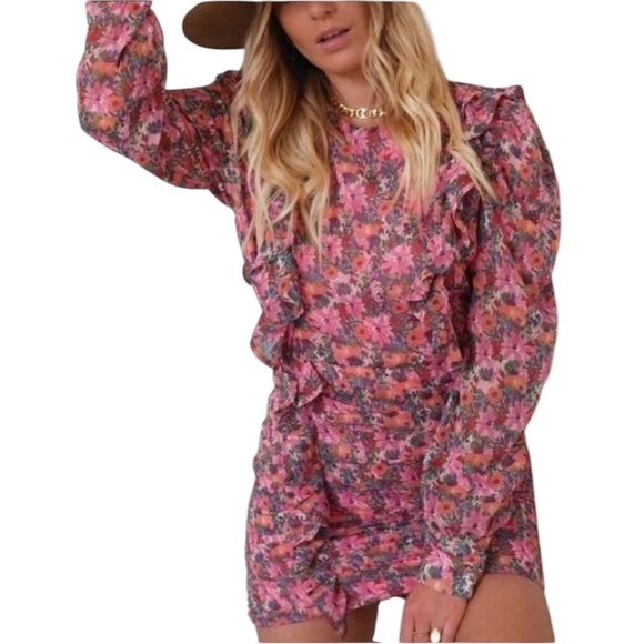 Zara Floral Ruched Ruffle Mini Dress Size S - Picture 4 of 16